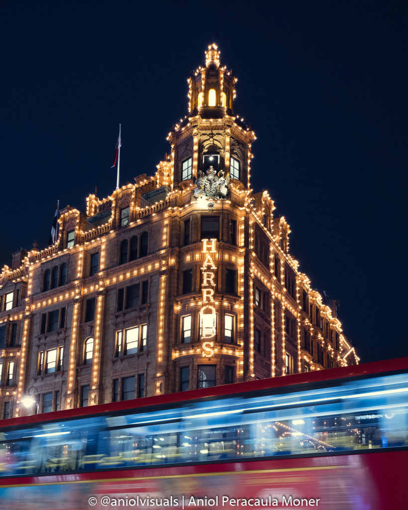 Harrods Christmas lights with red bus by aniolvisuals