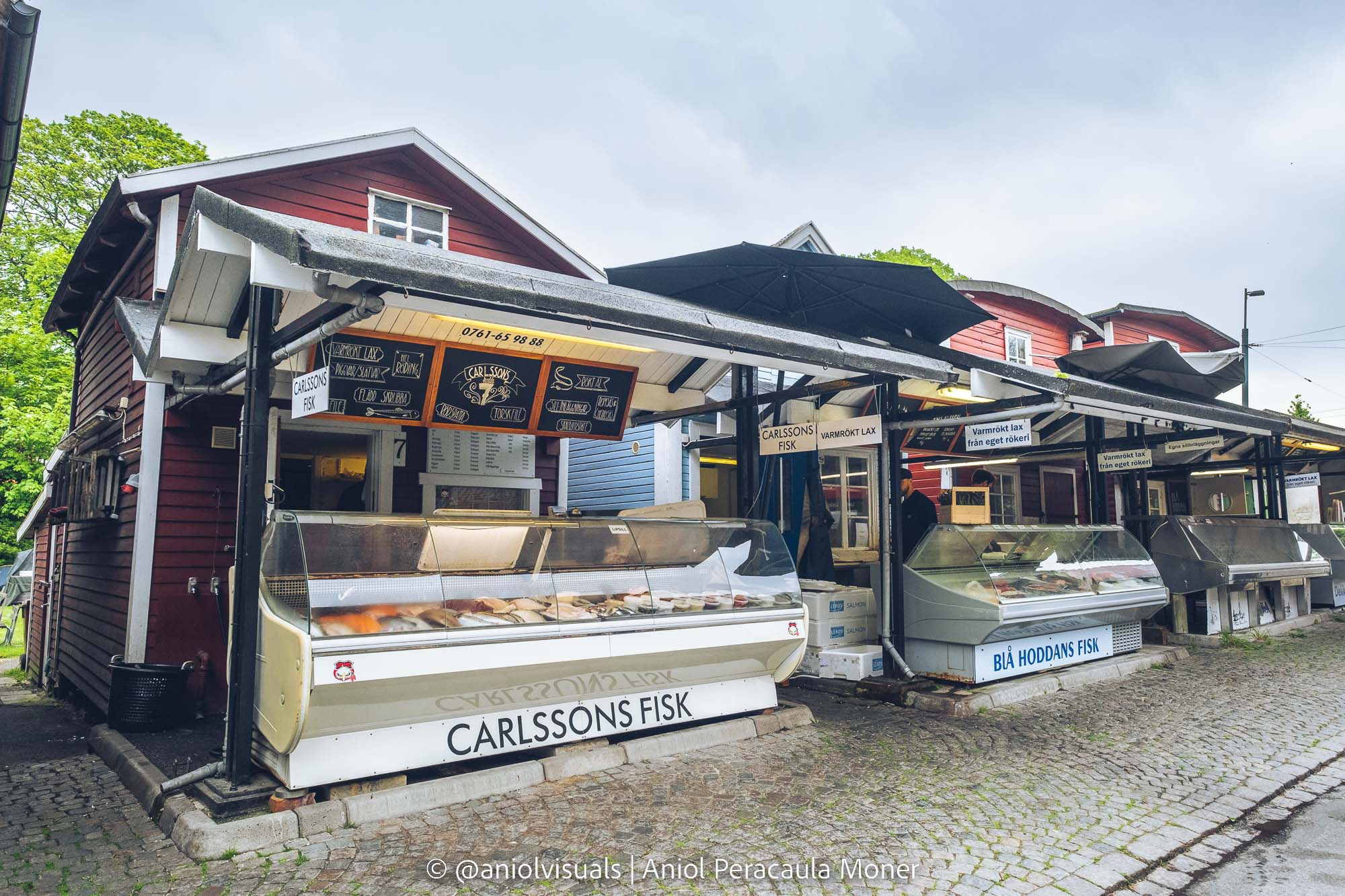 red Malmö Fish Market stands with fish products
